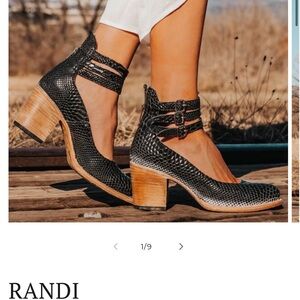 Freebird Black Snakeskin Heels with Brown Block Heel